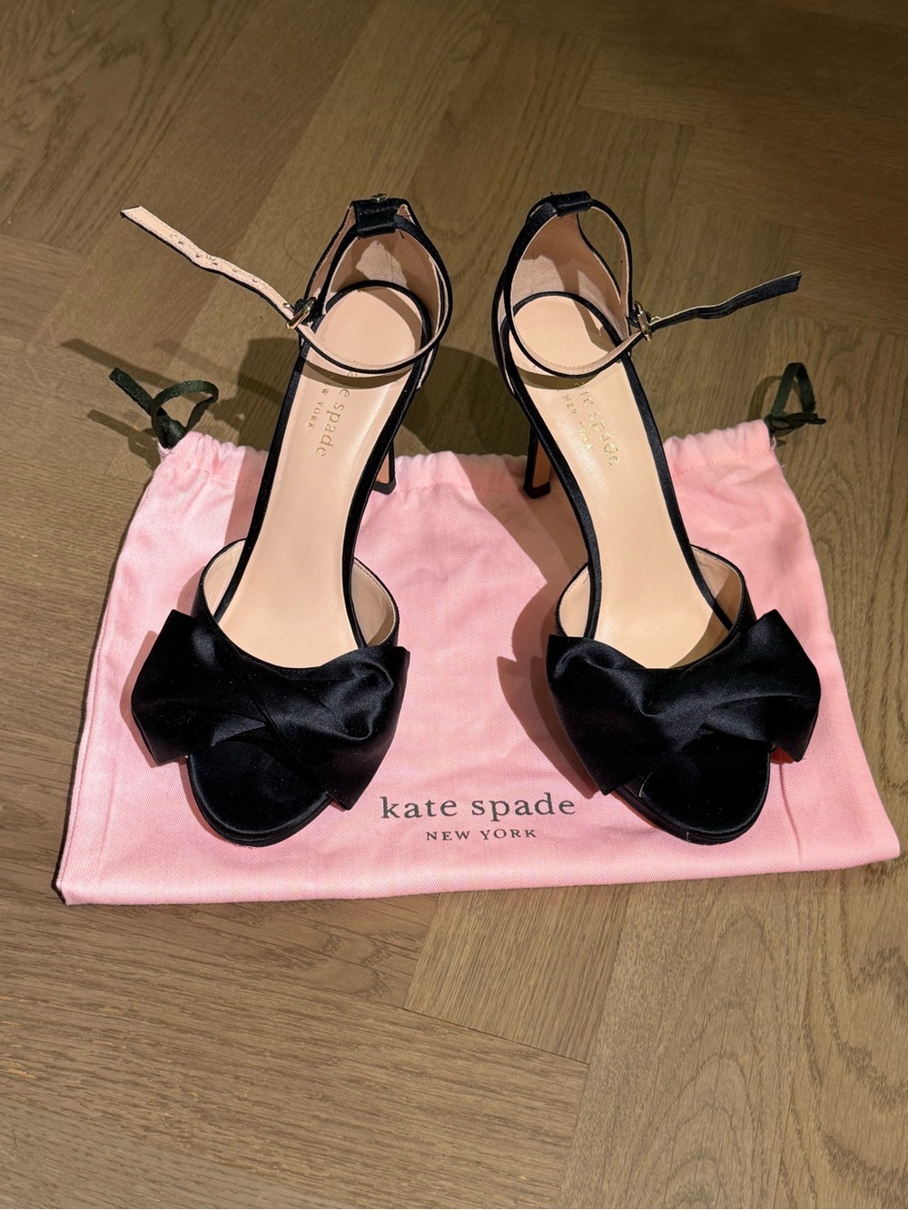 kate spade Black Satin Bow Ankle-Strap Stiletto Heels